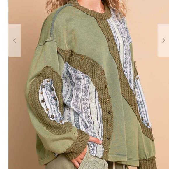 156. Long Sleeve Regular fit top in french terry with knit patch stud point - Picture 3 of 5